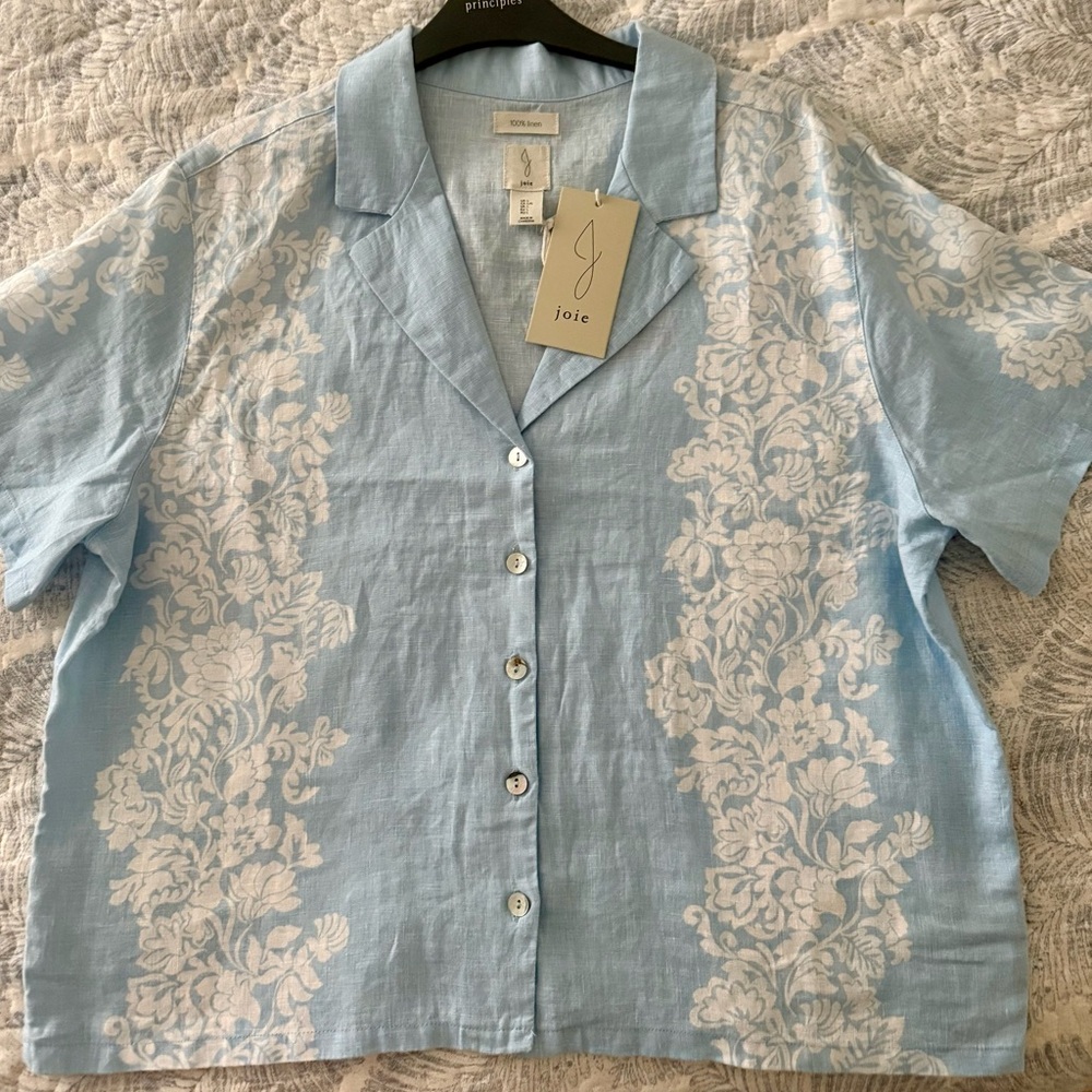 Joie Pale Blue Short Sleeve Linen Floral Button-Up Blouse